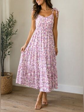 By the river Floral Pink Tie-Shoulder Maxi Dress Size M